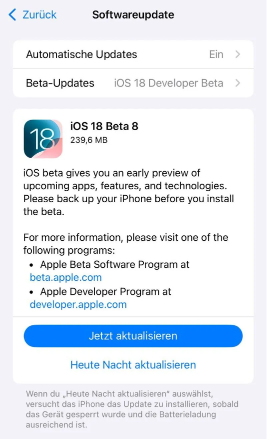 邻水苹果手机维修分享苹果 iOS / iPadOS 18 开发者预览版 Beta 8 发布 